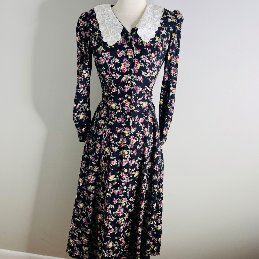 Plaza South Vintage Dress Floral Lace Collar Midi Black 90s Fancy Cottagecore XS